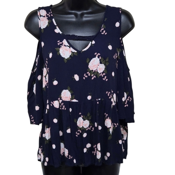 Bongo Junior Floral Cold Shoulder Top - Navy Size M - Picture 1 of 8